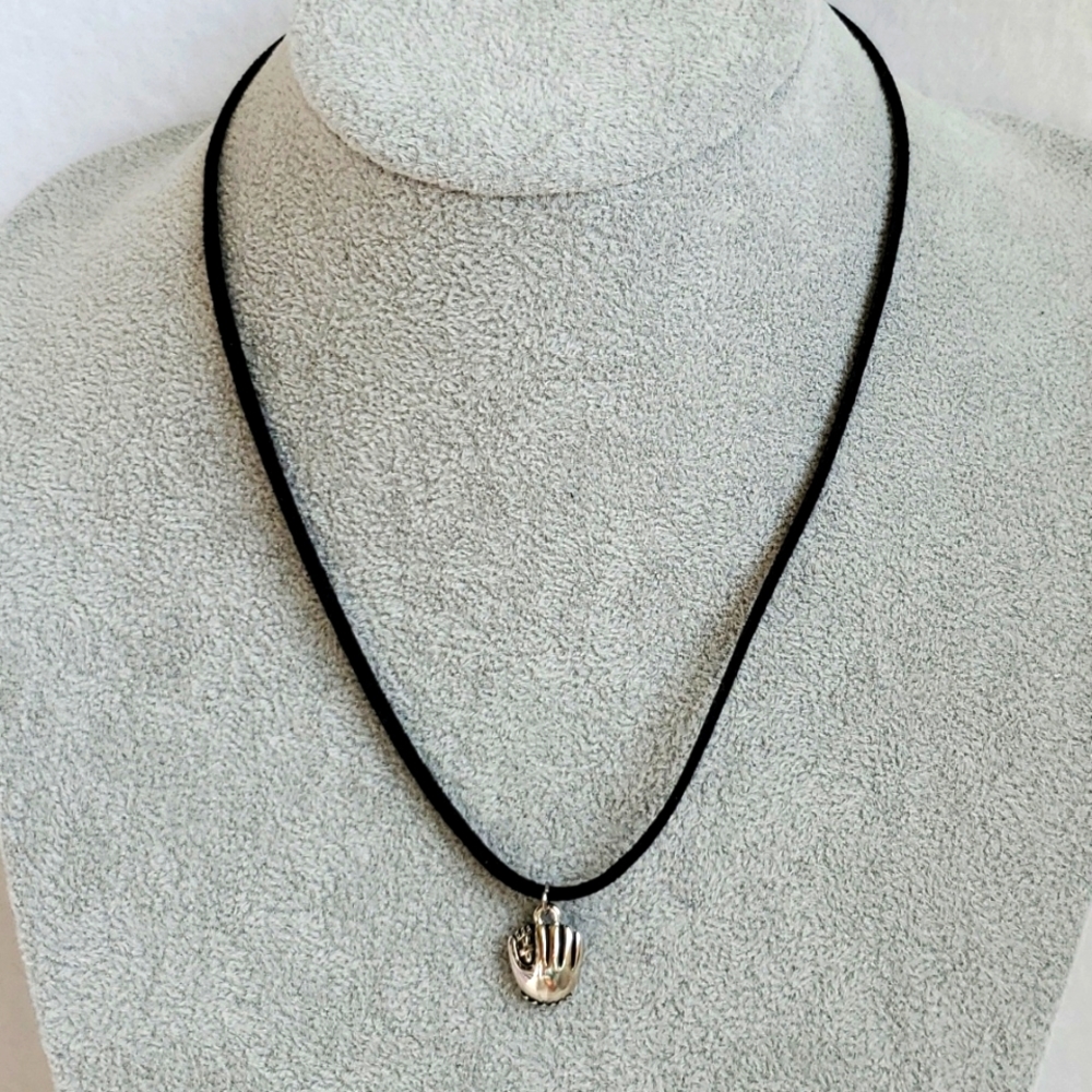 Mens silver baseball glove black suede necklace